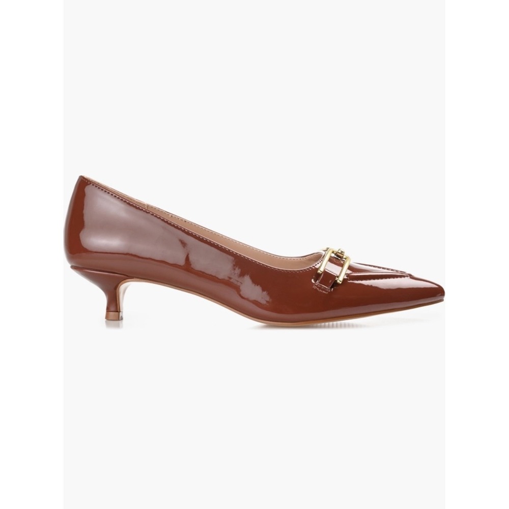 Journee Collection Rumi Women Brown Patent Pointed Toe Kitten Heel Pumps Size 11 - Picture 4 of 12
